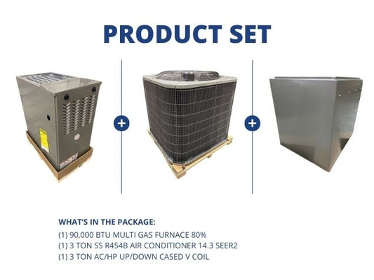 90,000 BTU Multi Gas Furnace 80%, 3 Ton SS R454B AC 14.3 SEER2 with 3 Ton AC/HP Up/Down Cased V Coil