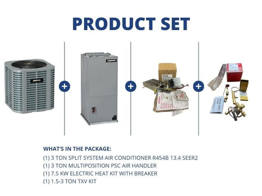 3 Ton SS AC R454B 13.4 SEER2, 3 Ton Multi Air Handler, 7.5KW Heat Kit w/Breaker, 1.5-3 Ton TXV Kit