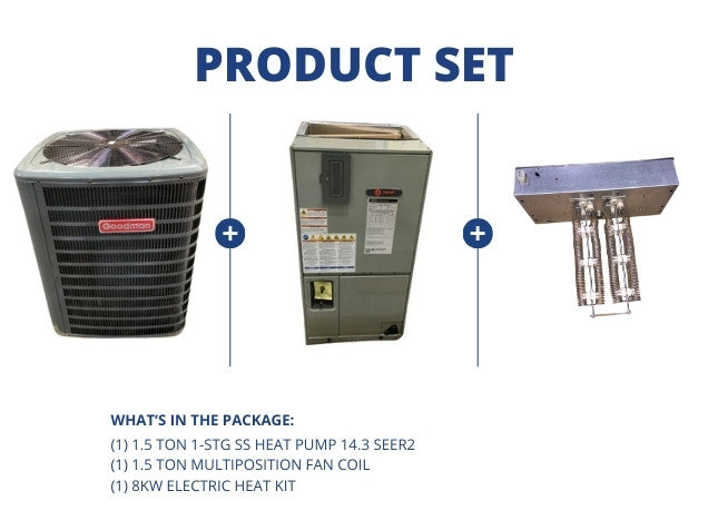 1.5 Ton 1-Stg SS Heat Pump 14.3 SEER2 with 1.5 Ton Multiposition Fan Coil with 8kW Electric Heat Kit