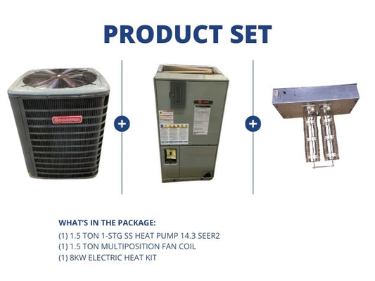 1.5 Ton 1-Stg SS Heat Pump 14.3 SEER2 with 1.5 Ton Multiposition Fan Coil with 8kW Electric Heat Kit