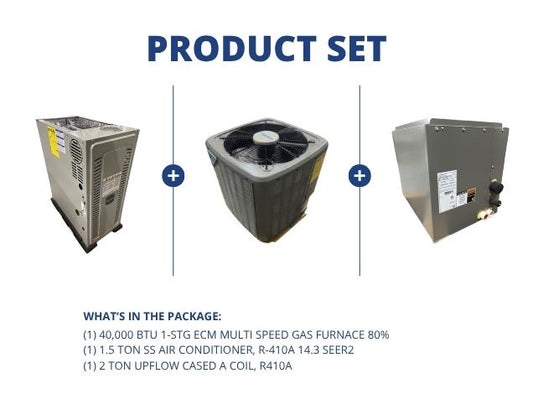 40,000 BTU Multi ECM Gas Furnace 80%, 1.5 Ton SS AC R410A 14.3 SEER2 with 2 Ton Upflow Cased A Coil