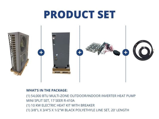 54,000 BTU Multi-Zone Inverter Heat Pump Mini Split Set, 17 SEER R-410A, 10 KW Heat with Line Set