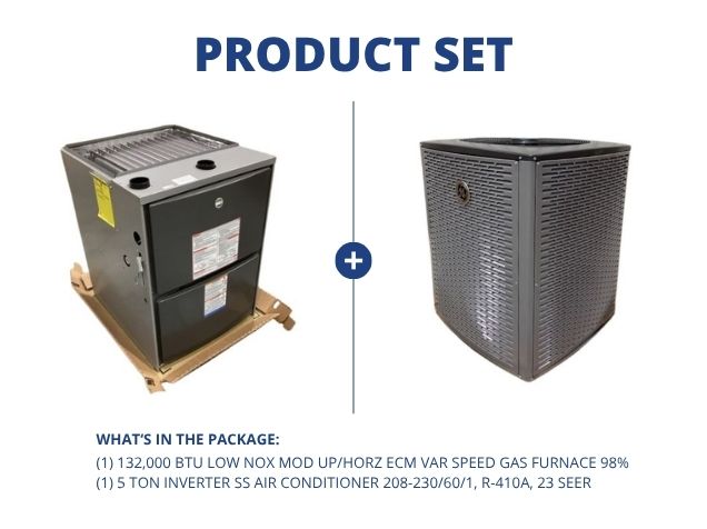132,000 BTU Low NOx Mod Up/Horz ECM Var Spd Gas Furnace 98% with 5 Ton Inverter SS AC R410A 23 SEER