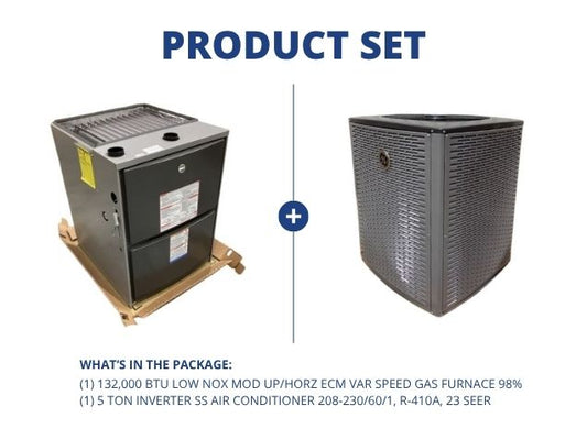 132,000 BTU Low NOx Mod Up/Horz ECM Var Spd Gas Furnace 98% with 5 Ton Inverter SS AC R410A 23 SEER