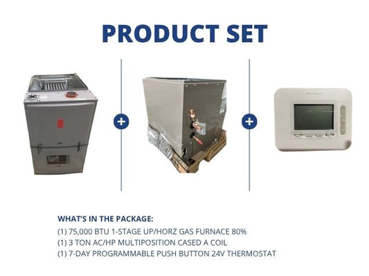 75,000 BTU 1-Stg Up/Horz Gas Furnace 80%, 3 Ton AC/HP Multiposition Cased A Coil with 24V Thermostat
