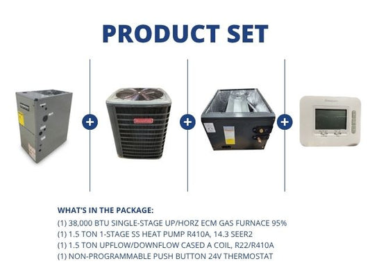 38,000 BTU Up/Horz Gas Furnace 95%, 1.5 Ton HP 14.3 SEER2, 1.5 Ton Up/Down Cased A Coil, Thermostat