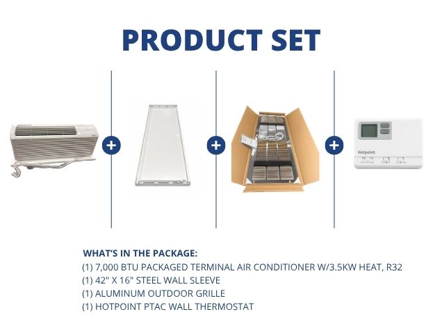 7,000 BTU Packaged Terminal AC with 3.5KW Heat R-32, Wall Sleeve, Aluminum Grille and 24V Thermostat