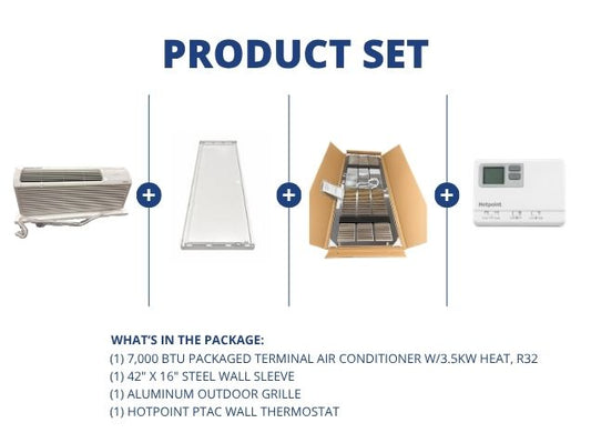 7,000 BTU Packaged Terminal AC with 3.5KW Heat R-32, Wall Sleeve, Aluminum Grille and 24V Thermostat