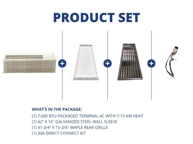 7,000 BTU Packaged Terminal AC W/ 7-15 KW Heat, R-410A, Wall Sleeve, Rear Grille with Connect Kit