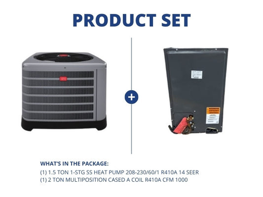 1.5 Ton SS Heat Pump 208-230/60/1 R410A 14 SEER with 2 Ton Multiposition Cased A Coil R410A CFM 1000
