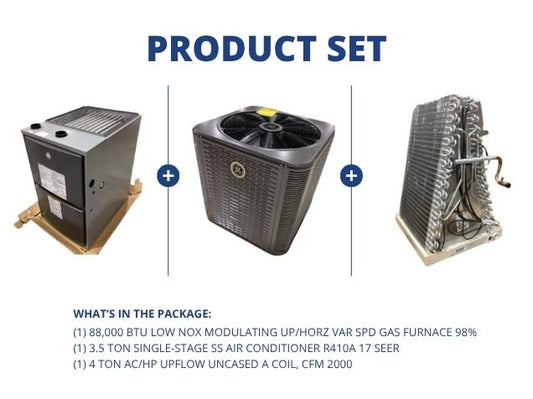 88,000 BTU Low NOx Mod Up/Horz Gas Furnace 98%, 3.5 Ton AC R410A 17 SEER and 4 Ton Up Uncased A Coil