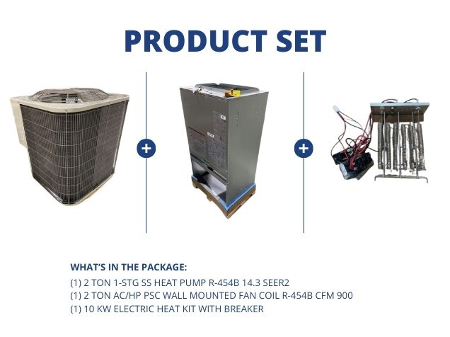 2 Ton 1-Stg SS HP R-454B 14.3 SEER2, 2 Ton PSC Wall Mounted Fan Coil with 10KW Heat Kit with Breaker