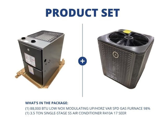 88,000 BTU Low NOx Modulating Up/Horz Var Spd Gas Furnace 98% with 3.5 Ton 1-Stg SS AC R410A 17 SEER