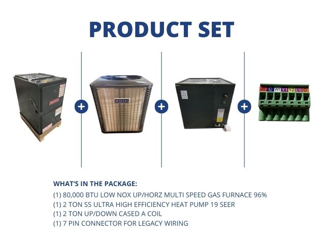 80,000 BTU Low NOx Up/Horz Gas Furnace 96%, 2 Ton SS HP 19 SEER, 2 Ton Up/Down Coil, 7 Pin Connector