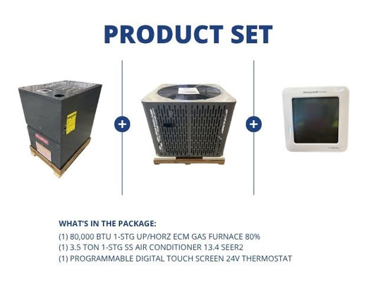 80,000 BTU 1-Stg Up/Horz ECM Gas Furnace 80% with 3.5 Ton 1-Stg SS AC 13.4 SEER2 and 24V Thermostat