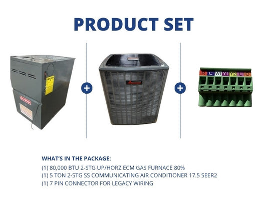 80,000 BTU 2-Stg Up/Horz Gas Furnace 80% with 5 Ton 2-Stg SS Comm AC 17.5 SEER2 with 7 Pin Connector