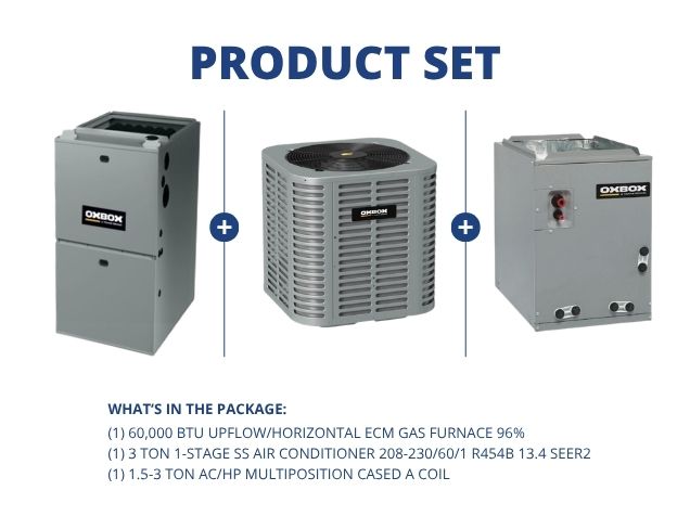 60,000 BTU Up/Horz ECM Gas Furnace 96%, 3 Ton SS AC R454B 13.4 SEER2, 1.5-3 Ton Multi Cased A Coil