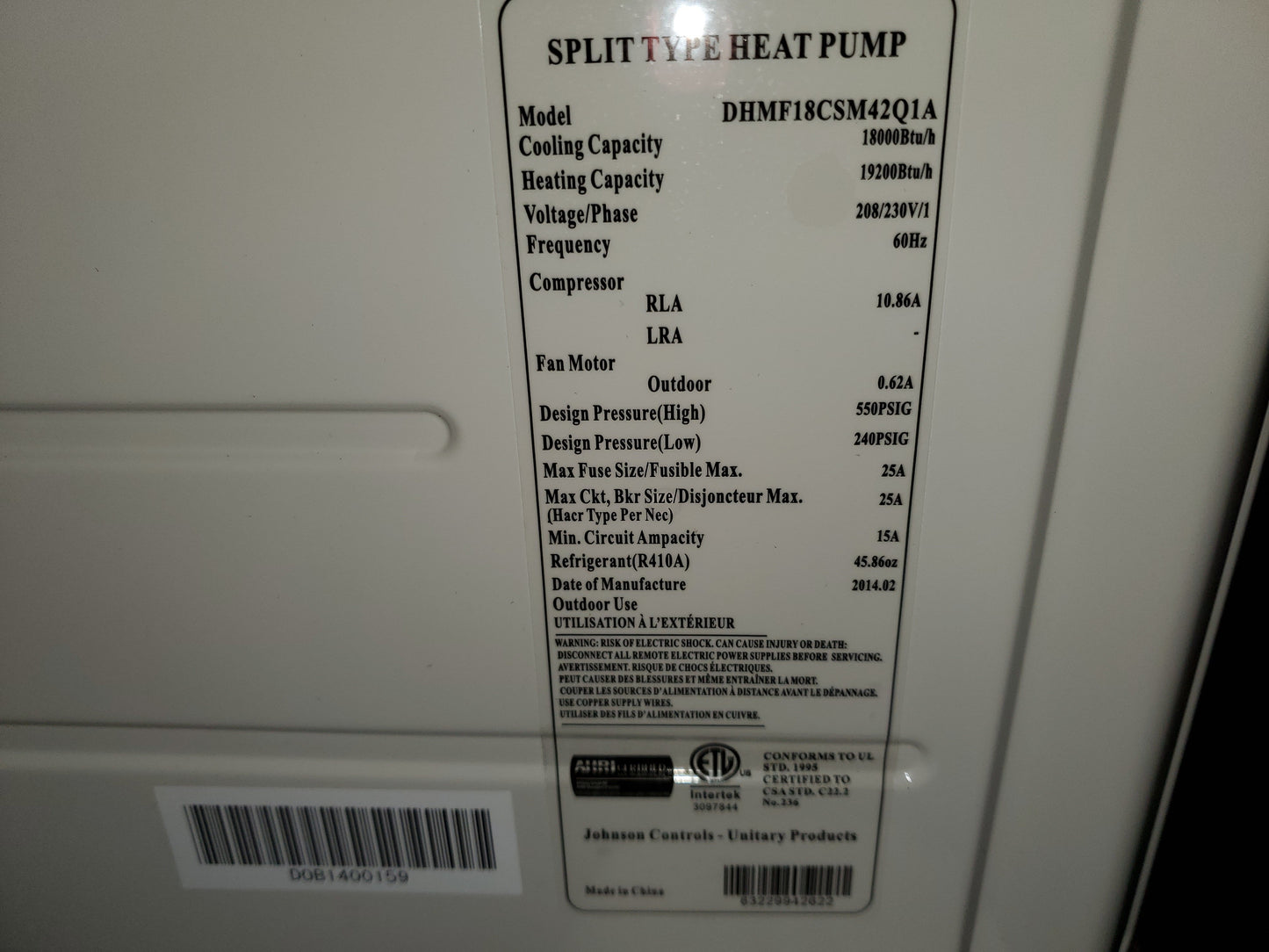 Bomba de calor minisplit de zona única de 18 000 Btu con inversor de W, 16 SEER, 208-230/60/1 R-410A