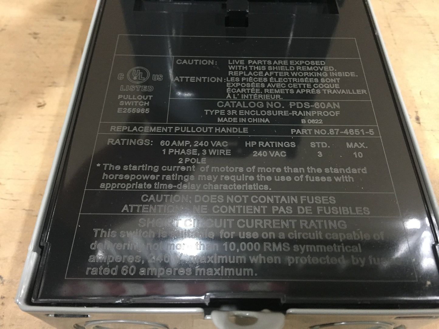 1/2" X 6' Electrical Whip with 60A 240V Non-Fused 3-Wire Disconnect and 32x32x2" Black Equipment Pad