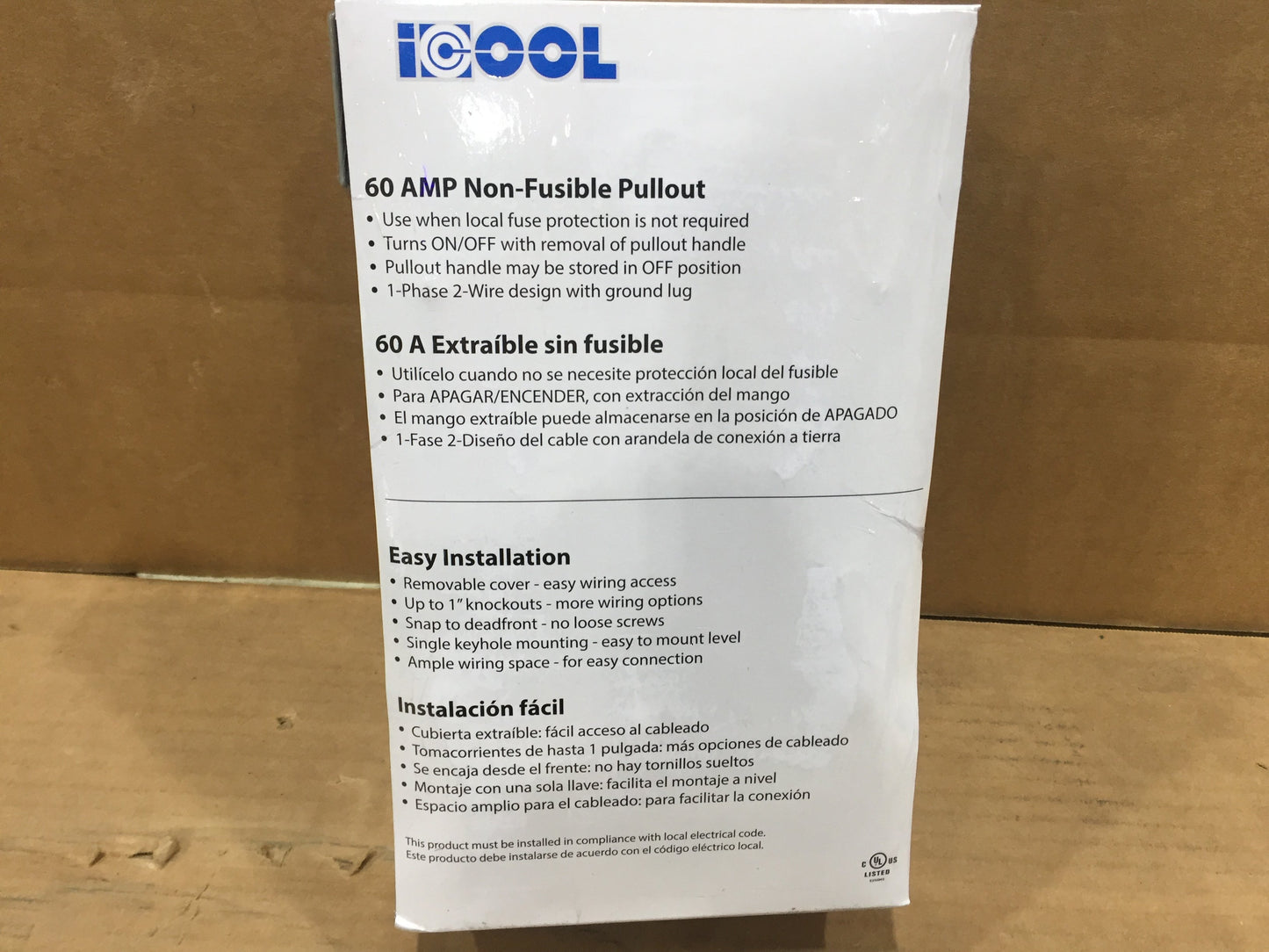 1/2" X 6' Electrical Whip with 60A 240V Non-Fused 3-Wire Disconnect and 36x36x2" Black Equipment Pad