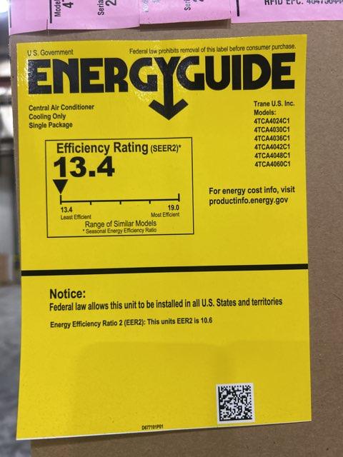 3.5 Ton Convertible Packaged AC Unit, 13.4 SEER2, R410A and 15 Kw Heat Kit W/2 60 Amp Breakers