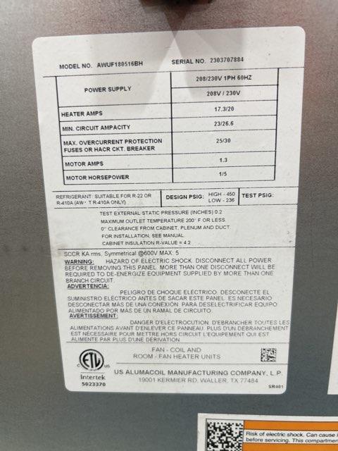 1.5 Ton 1-Stg SS Air Conditioner 14.3 SEER2 and 1.5 Ton Wall Mounted PSC Air Handler With 5Kw Heat