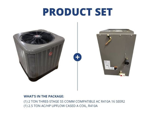 2 Ton Three-Stage SS Comm Compatible AC R410A 16 SEER2 and 2.5 Ton AC/HP Upflow Cased A Coil, R410A