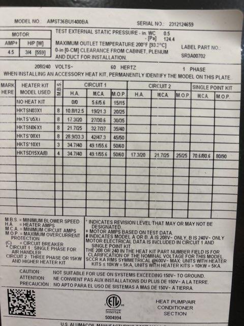 3 Ton AC/HP ECM Multiposition Air Handler 208-230/60/1 R-410A and 15 kW Electric Heat Kit, 60 Amps