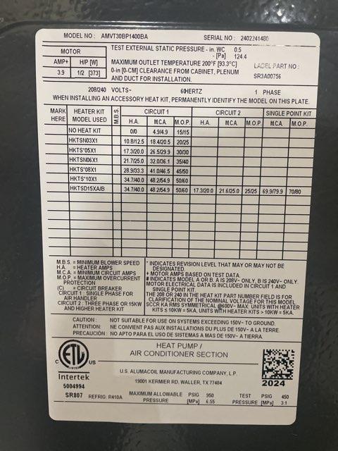 2.5 Ton AC/HP ECM Comm Comp Multiposition Air Handler 208-230/60/1 R-410A and 10kW Electric Heat Kit