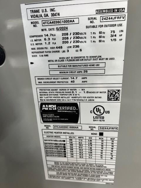 3 Ton Convertible Packaged AC, 208-230/60/1, 13.4 SEER2, R-410A and 5 Kw Electric Heat Kit W/Lug