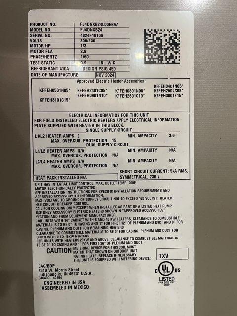 2 Ton AC/HP ECM Multi Fan Coil 208-230/60/1 R-410A CFM 1021 and 15 kW Electric Heat Kit with Breaker