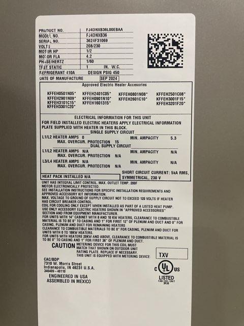 3 Ton AC/HP ECM Multi Fan Coil 208-230/60/1 R-410A CFM 1433 and 10 kW Electric Heat Kit with Breaker