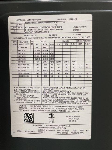 4 Ton AC/HP ECM Comm Comp Multiposition Air Handler 208-230/60/1 R-410A with 10 kW Electric Heat Kit