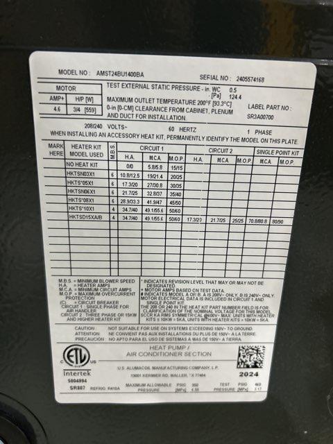1.5 Ton 1-Stg SS Air Conditioner R-410A, 14.3 SEER2 with 2 Ton AC/HP ECM Multiposition Air Handler