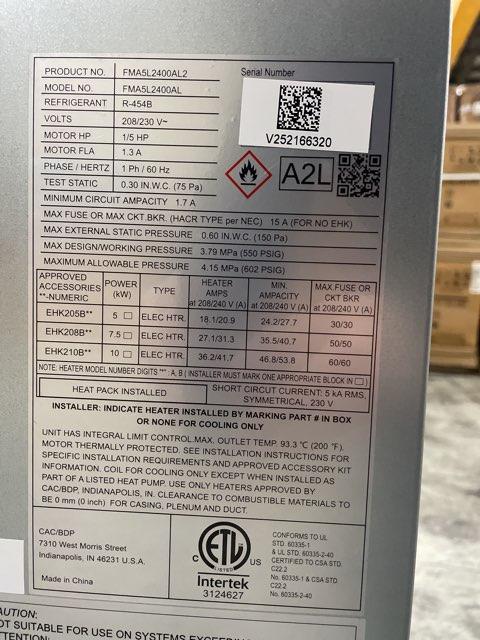 2 Ton 1-Stg SS Heat Pump R-454B 14.3 SEER2 with 2 Ton AC/HP PSC Wall Mounted Fan Coil R-454B CFM 900