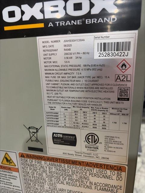 5 Ton SS AC R454B 13.4 SEER2, 5 Ton Multi Air Handler, 7.5KW Heat Kit with Breaker and 5 Ton TXV Kit
