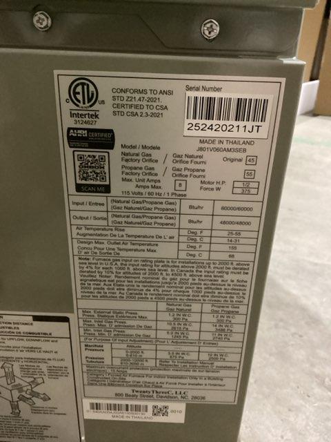 60,000 BTU Multi ECM Gas Furnace 80%, 2 Ton SS AC R454B 14.3 SEER2, 1.5-3 Ton Up/Down Cased A Coil