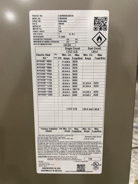 2.5 Ton 1-Stg SS HP R454B 14.3 SEER2, 2.5 Ton AC/HP ECM Multi Fan Coil and 10 KW Heat Kit w/ Breaker