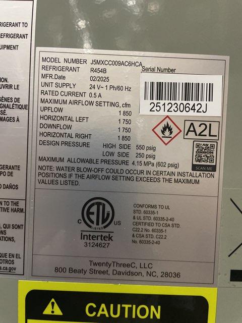 100,000 BTU Multi Gas Furnace 80%, 5 Ton SS AC R454B 13.8 SEER2, 3-5 Ton Multi Cased A Coil with TXV
