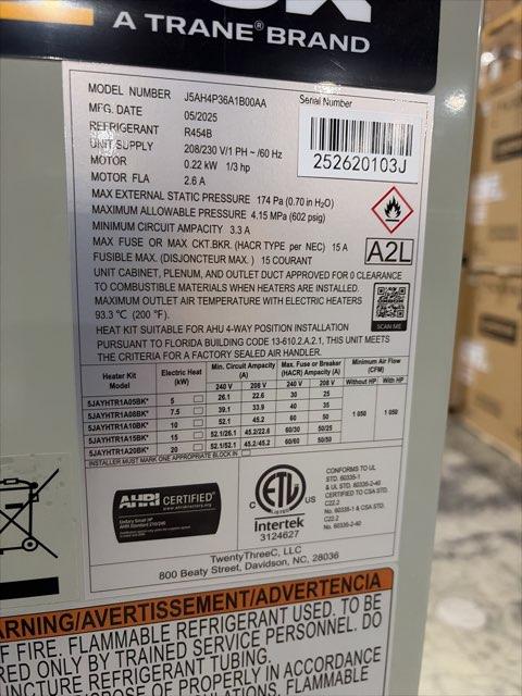 2.5 Ton 1-Stg SS Heat Pump R454B 14.3 SEER2, 3 Ton PSC Multi Air Handler, TXV Kit and 15KW Heat Kit