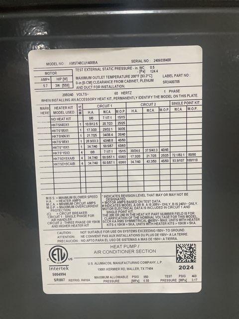 4 Ton 2-Stg Comm Comp AC 208-230/60/1 R410A 17 SEER2 with 4 Ton AC/HP ECM Multiposition Air Handler