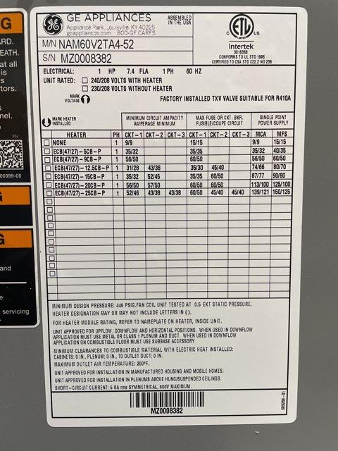 5 Ton AC/HP ECM Multiposition Air Handler 208-230/60/1 R-410A CFM 2210 and 20 KW Heat Kit, 83.3 Amps