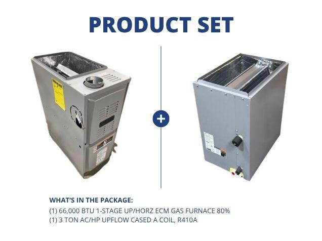 66,000 BTU 1-Stg Up/Horz ECM Gas Furnace 80% with 3 Ton AC/HP Upflow Cased A Coil, R410A
