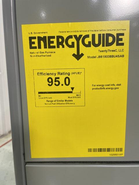38,000 BTU Up/Horz Gas Furnace 95%, 1.5 Ton AC 14.3 SEER2, 1.5-3 Ton Up/Down Cased Coil, Thermostat