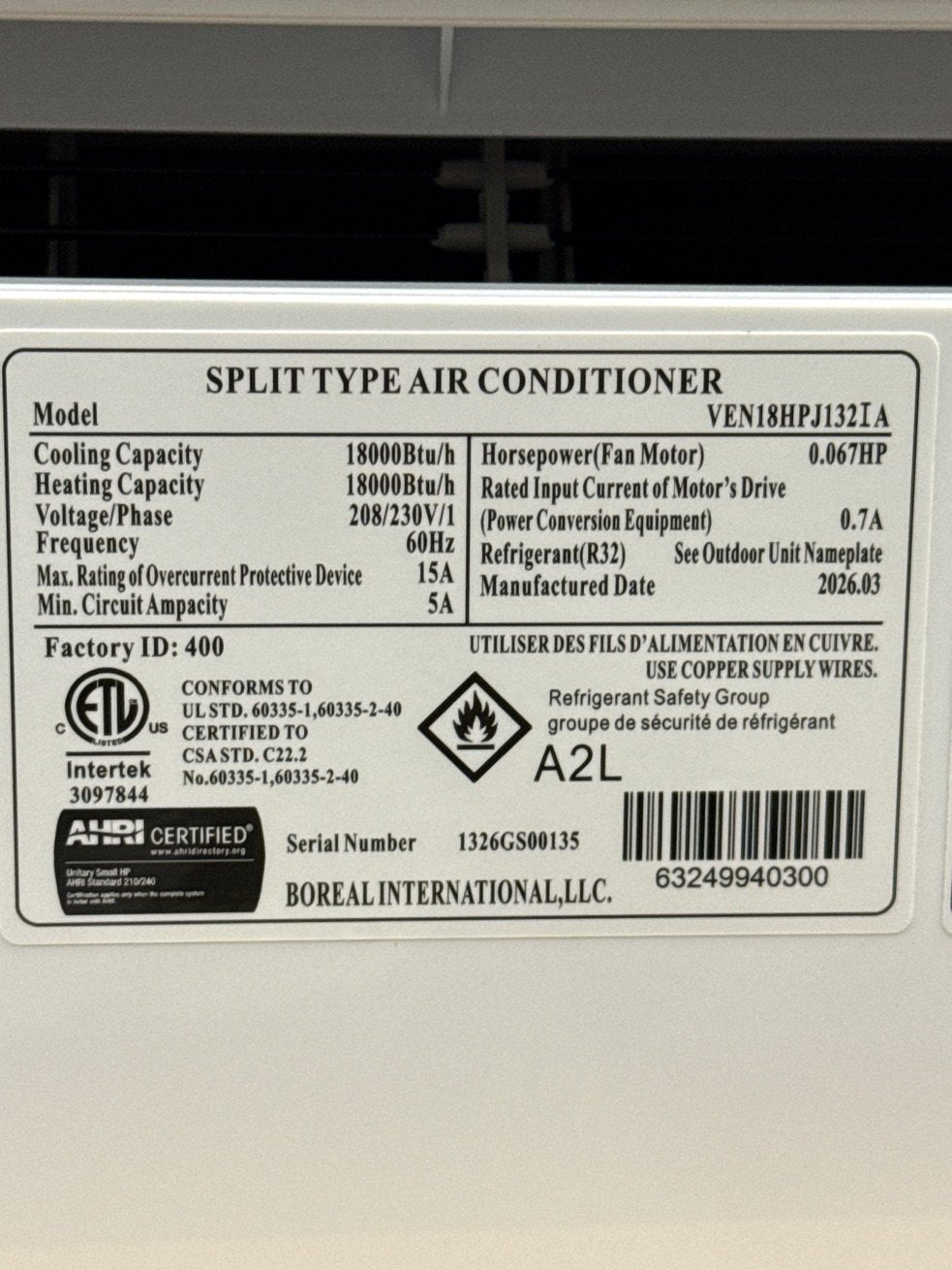 18,000 BTU Single-Zone Indoor/Outdoor Inverter Heat Pump Mini Split Set, 18 SEER2 208-230/60/1 R-32