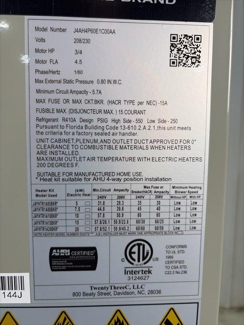 5 Ton AC/HP PSC Multiposition Air Handler 208-230/60/1 R410A, 7.5KW Heat with Integral Limit Control