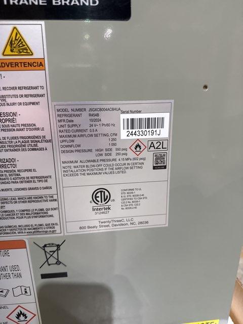 60,000 BTU Multi ECM Gas Furnace 80%, 2 Ton 1-Stg AC R454B 13.4 SEER2, 1.5-3 Ton Up/Down Cased Coil