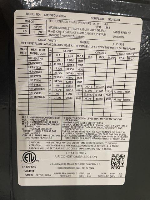 3.5 Ton 1-Stg SS Heat Pump 208-230/60/1 R410A 14 SEER with 4 Ton AC/HP ECM Multiposition Air Handler