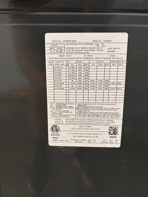 3.5 Ton Inverter Comm HP 17.5 SEER2, 4 Ton ECM Comm Multi Air Handler, 24V Thermostat and 8 KW Heat