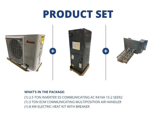 2.5 Ton Inverter Comm AC R410A 15.2 SEER2, 3 Ton ECM Comm Multi Air Handler,  8 KW Heat with Breaker
